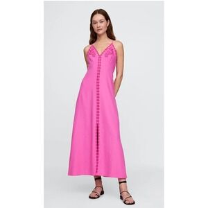 Gap Dress Size S Phoebe Pink Linen Blend Embroidered Halter Maxi Eyelet Trim